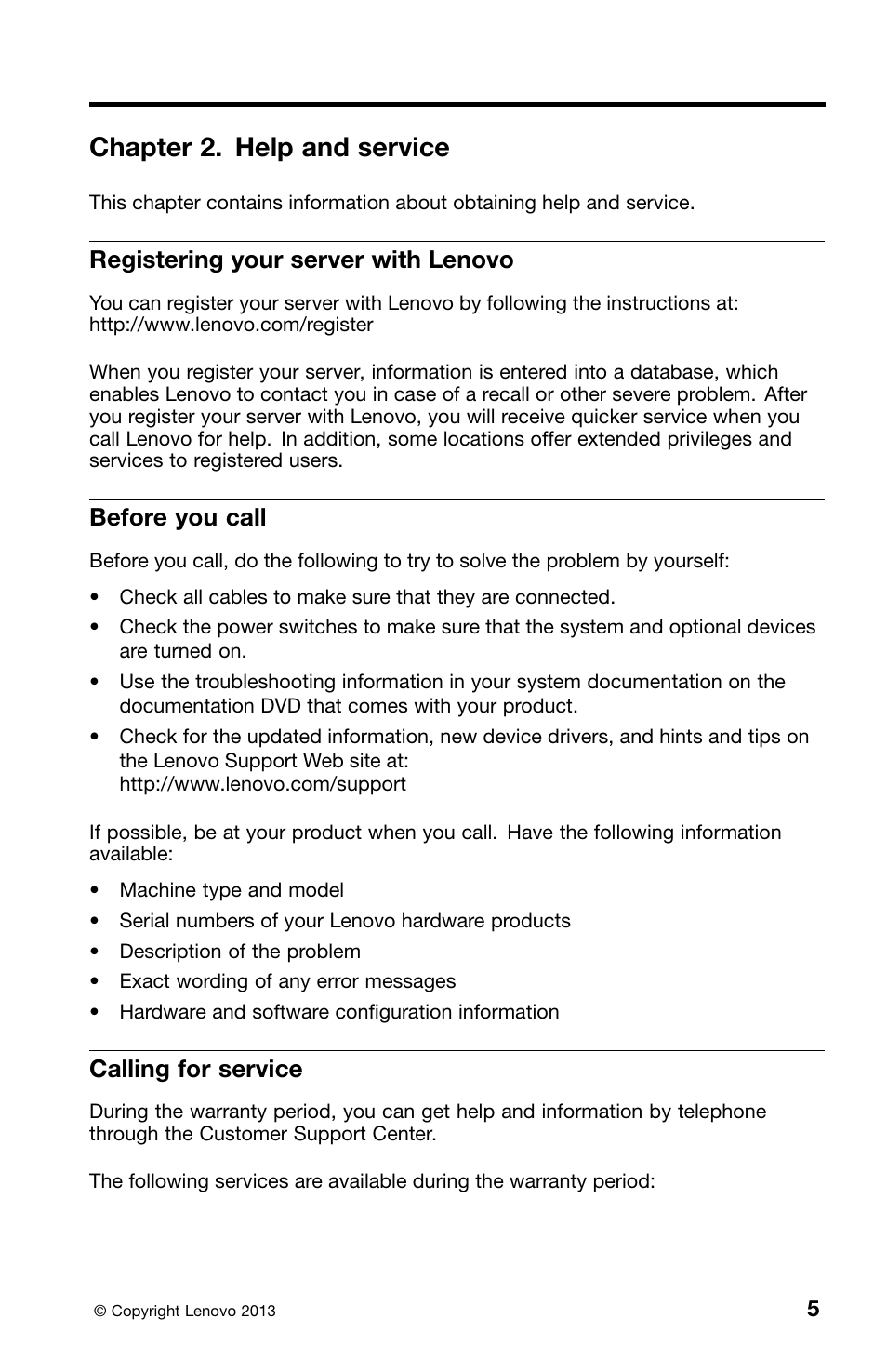 Chapter 2. help and service, Registering your server with lenovo, Before you call | Calling for service | Lenovo ThinkServer TS440 User Manual | Page 21 / 46