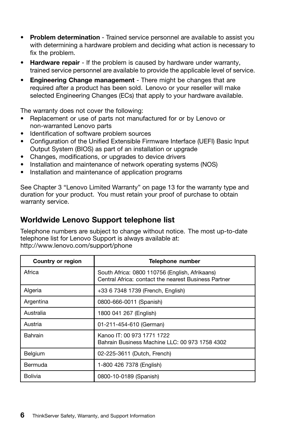 Worldwide lenovo support telephone list | Lenovo ThinkServer TS440 User Manual | Page 22 / 46
