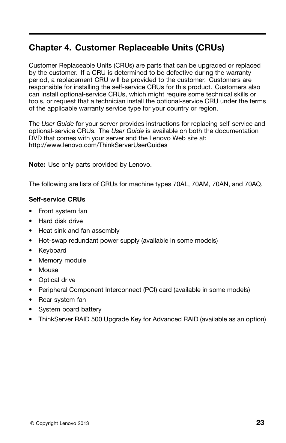 Chapter 4. customer replaceable units (crus) | Lenovo ThinkServer TS440 User Manual | Page 39 / 46