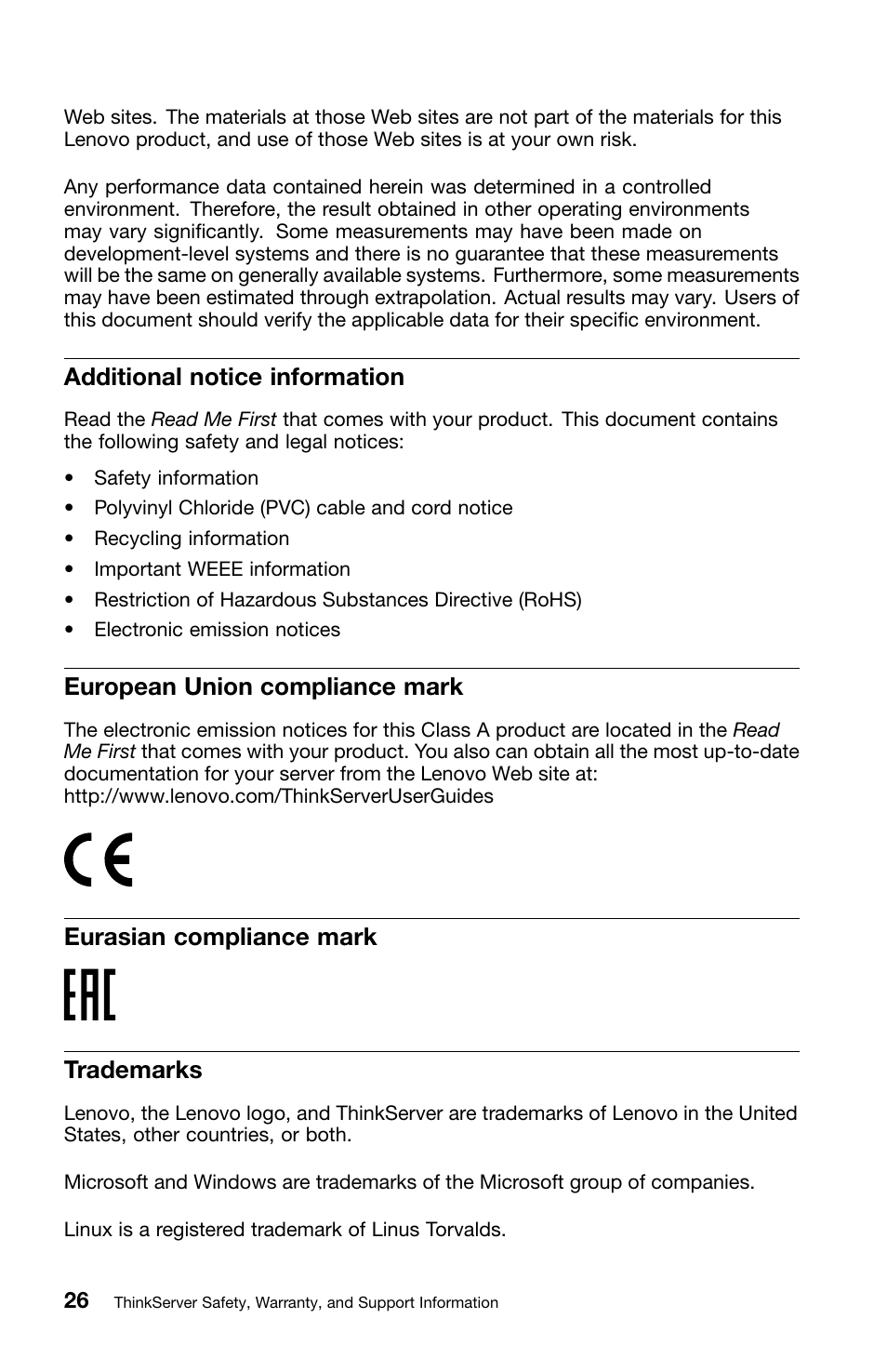 Additional notice information, European union compliance mark, Eurasian compliance mark | Trademarks, Eurasian compliance mark trademarks | Lenovo ThinkServer TS440 User Manual | Page 42 / 46