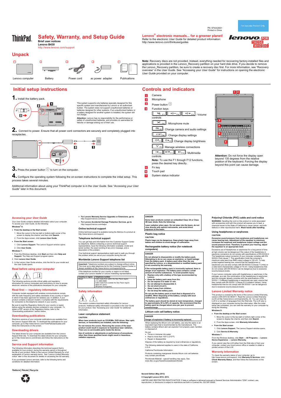 Lenovo B430 Notebook User Manual | 2 pages