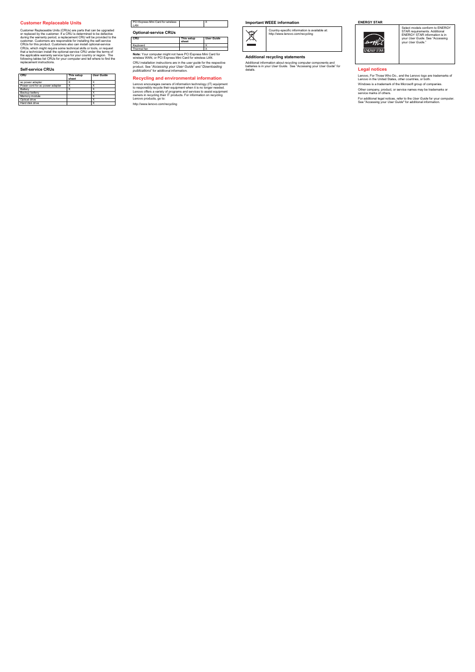 Customer replaceable units, Self-service crus, Optional-service crus | Recycling and environmental information, Important weee information, Additional recycling statements, Energy star, Legal notices | Lenovo B430 Notebook User Manual | Page 2 / 2