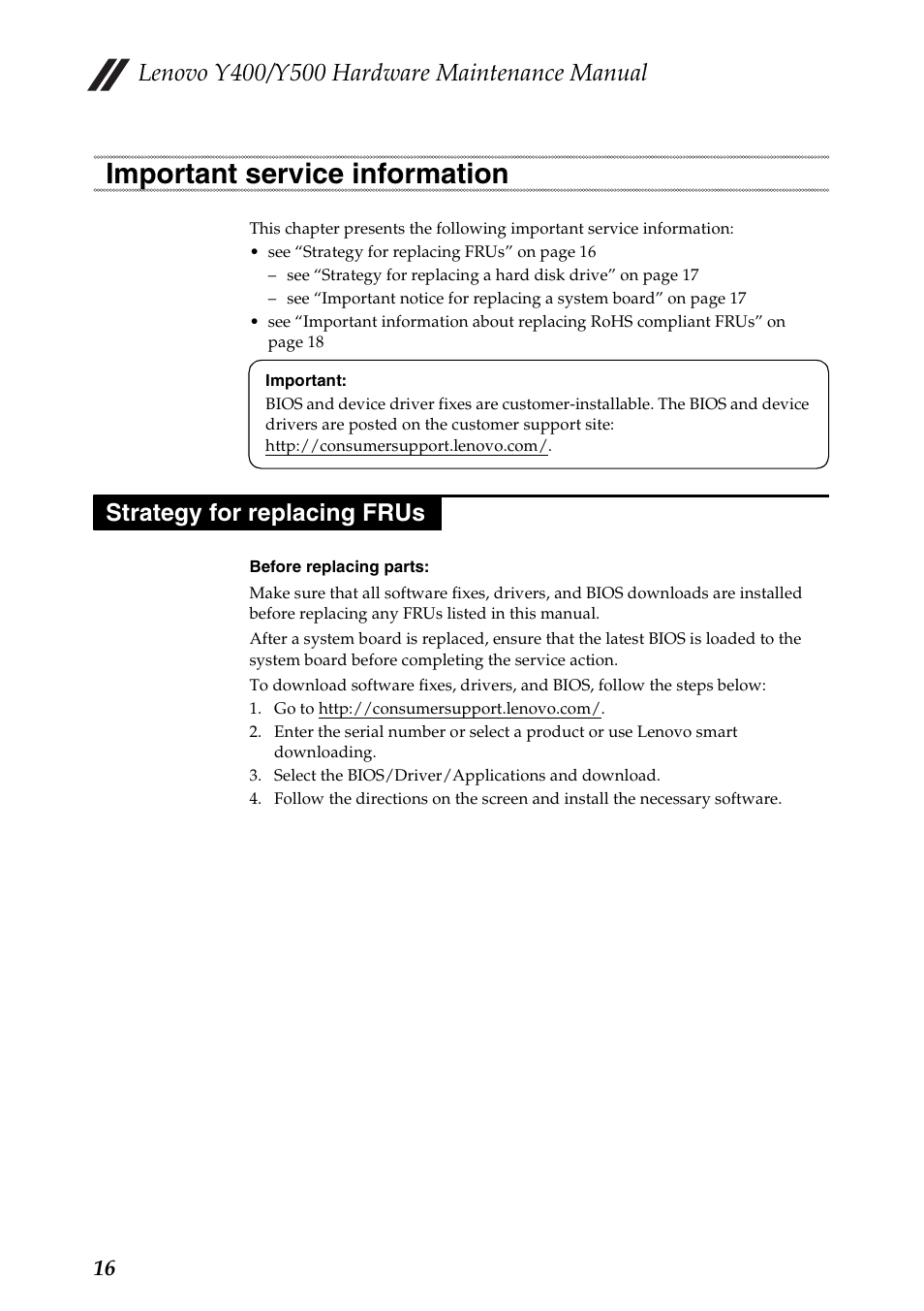 Important service information, Strategy for replacing frus | Lenovo IdeaPad Y400 Notebook User Manual | Page 20 / 102