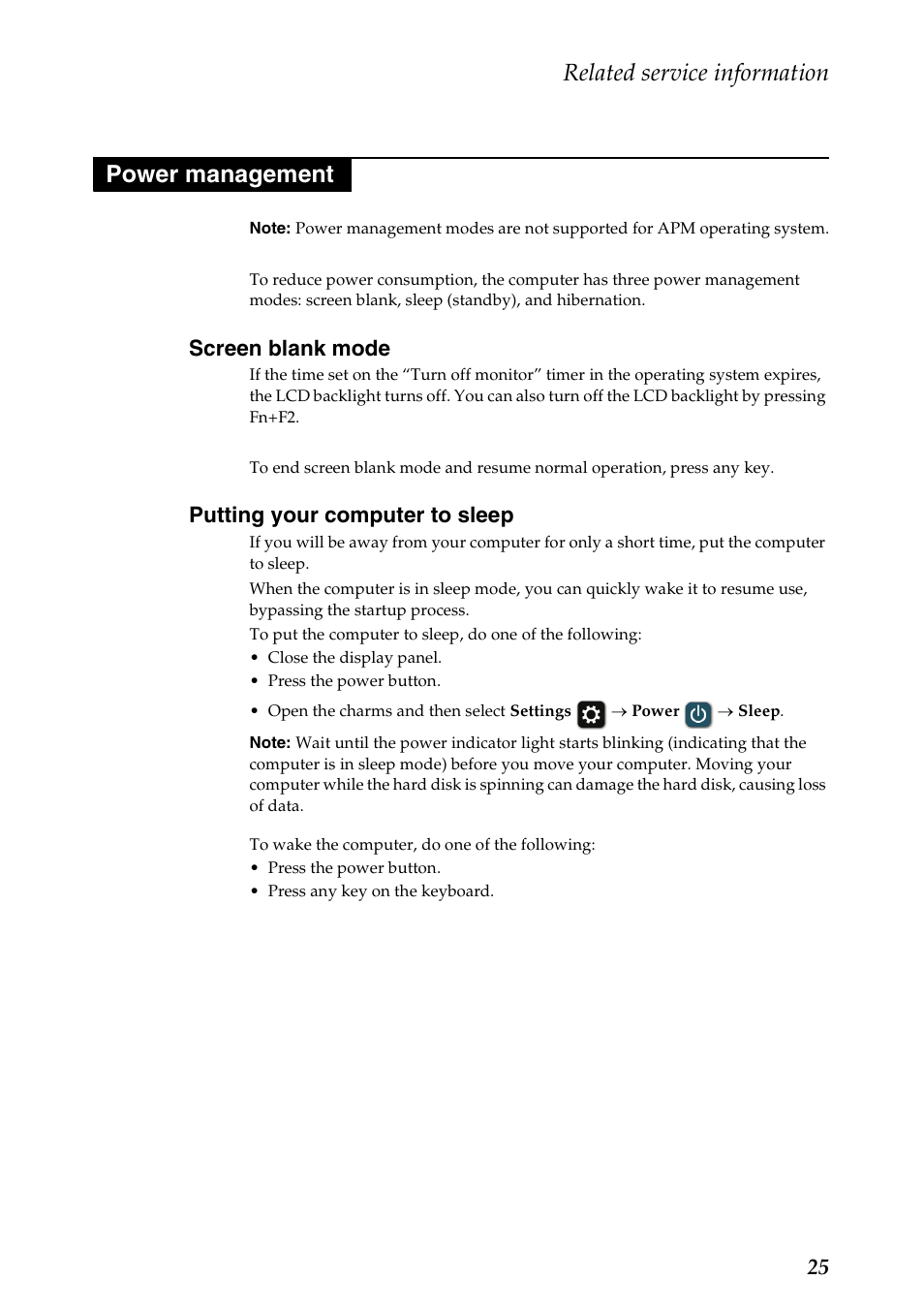 Power management, Screen blank mode, Putting your computer to sleep | Screen blank mode putting your computer to sleep, Related service information | Lenovo IdeaPad Y400 Notebook User Manual | Page 29 / 102