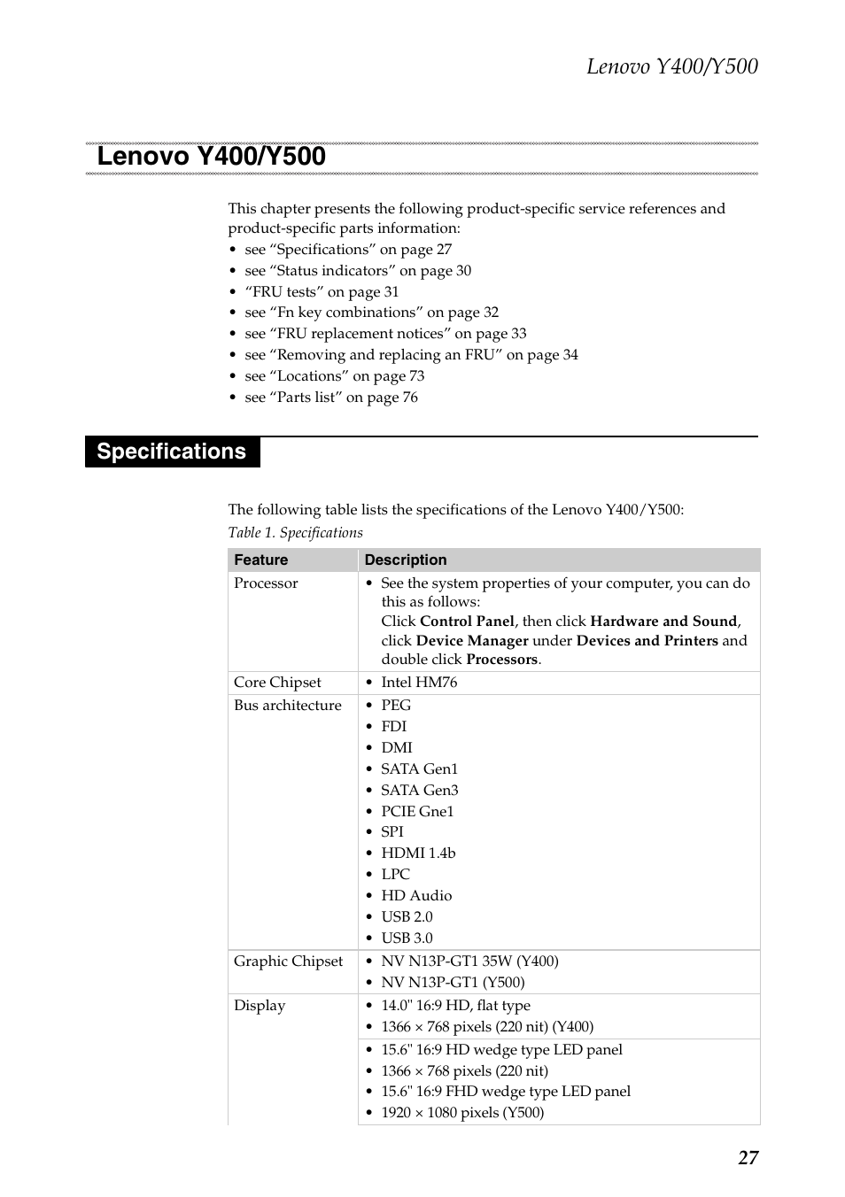 Lenovo y400/y500, Specifications, Lenovo y400/y500 specifications | Lenovo IdeaPad Y400 Notebook User Manual | Page 31 / 102