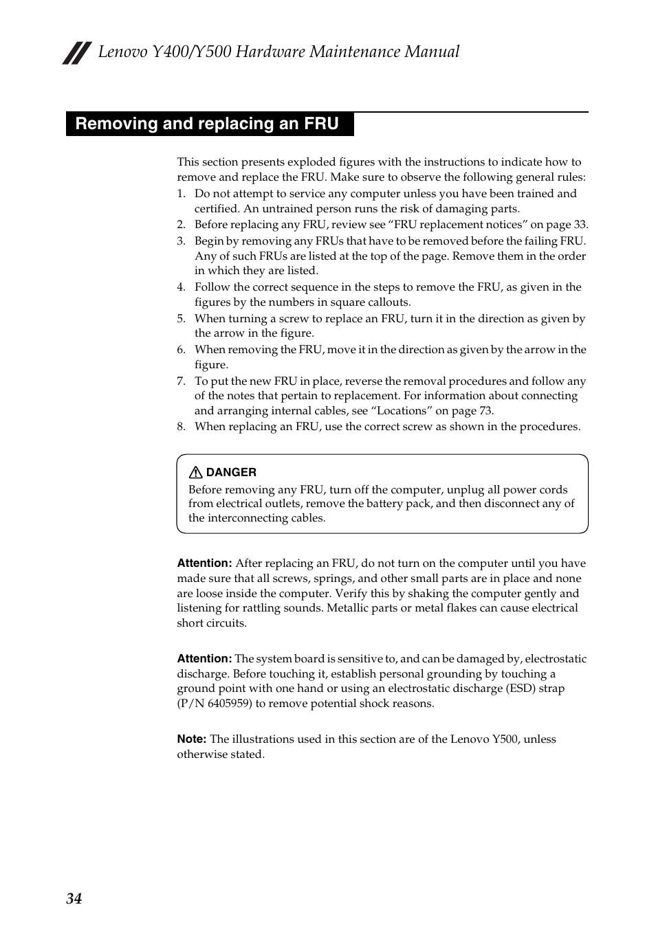 Removing and replacing an fru | Lenovo IdeaPad Y400 Notebook User Manual | Page 38 / 102