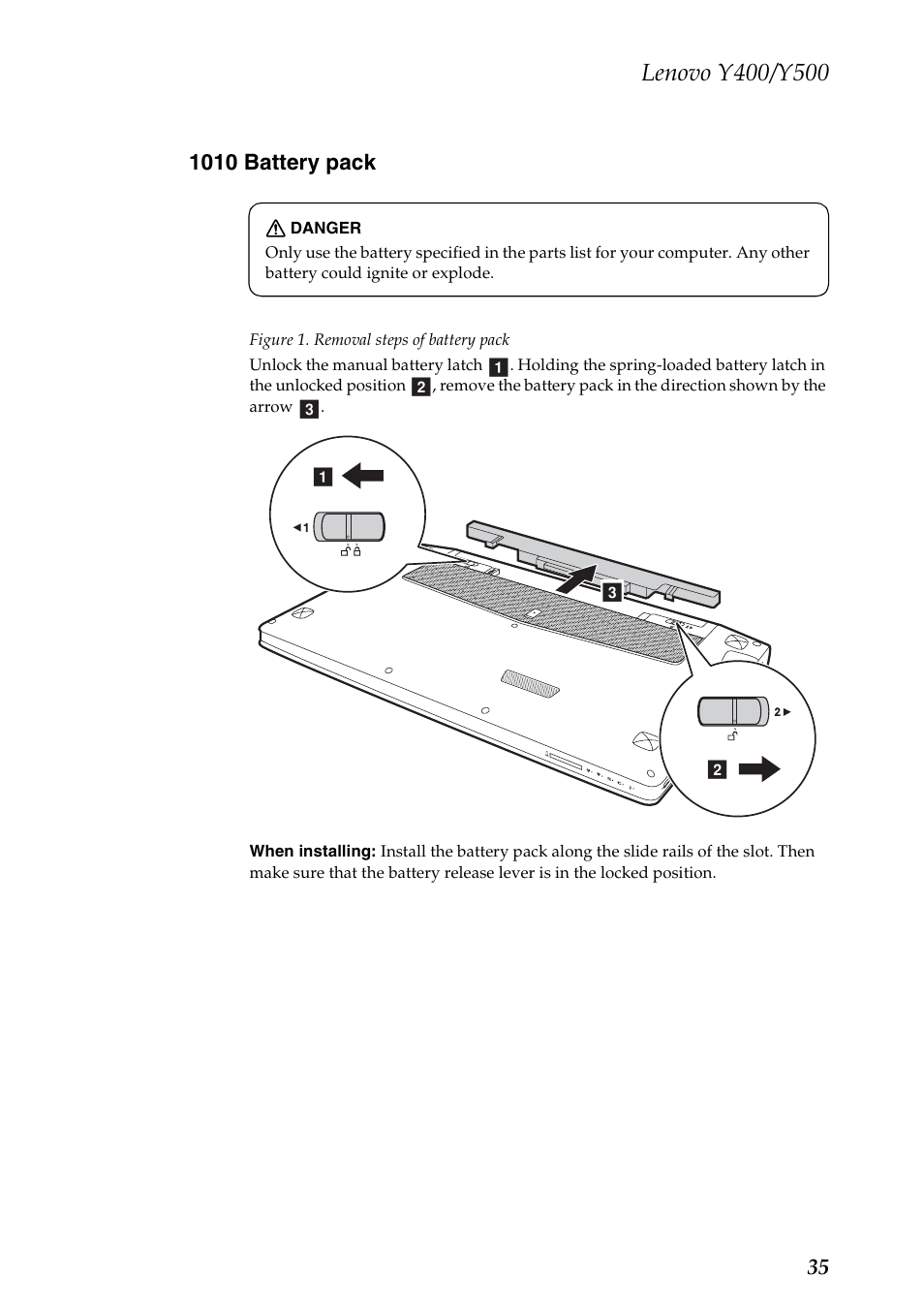 1010 battery pack | Lenovo IdeaPad Y400 Notebook User Manual | Page 39 / 102