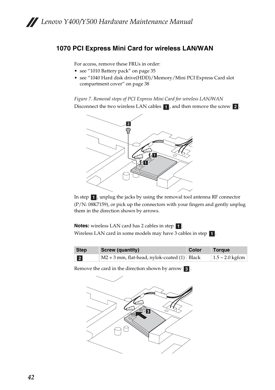 1070 pci express mini card for wireless lan/wan | Lenovo IdeaPad Y400 Notebook User Manual | Page 46 / 102