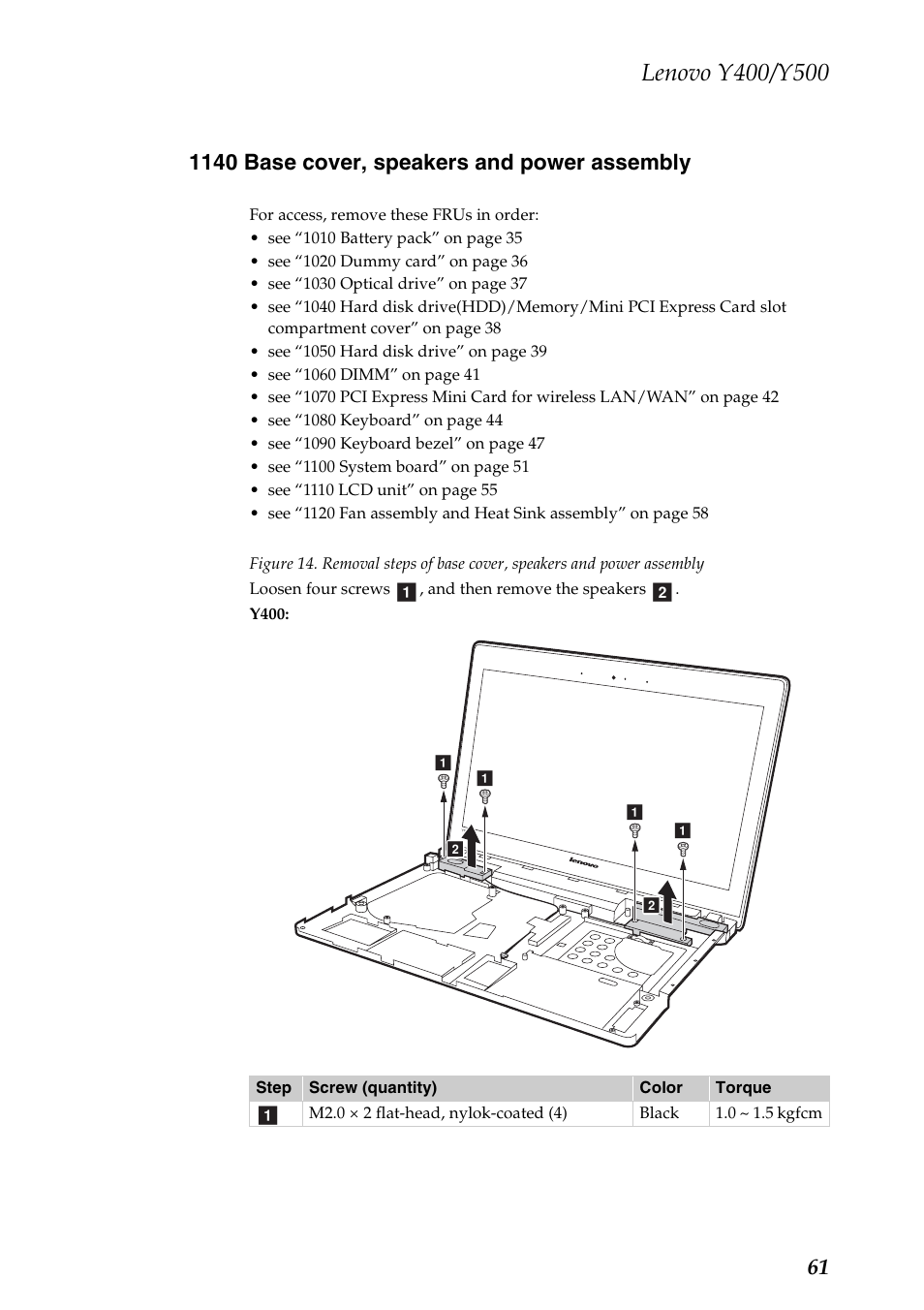 1140 base cover, speakers and power assembly | Lenovo IdeaPad Y400 Notebook User Manual | Page 65 / 102