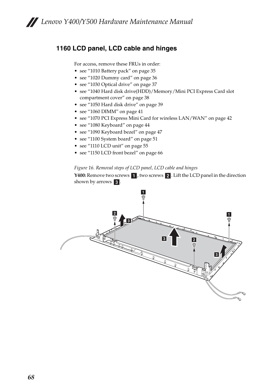 1160 lcd panel, lcd cable and hinges | Lenovo IdeaPad Y400 Notebook User Manual | Page 72 / 102