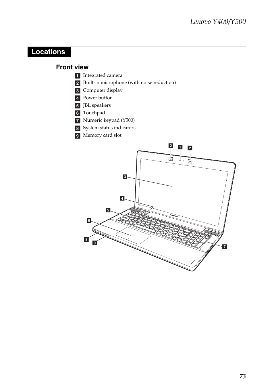 Locations, Front view, 73 front view | Lenovo IdeaPad Y400 Notebook User Manual | Page 77 / 102