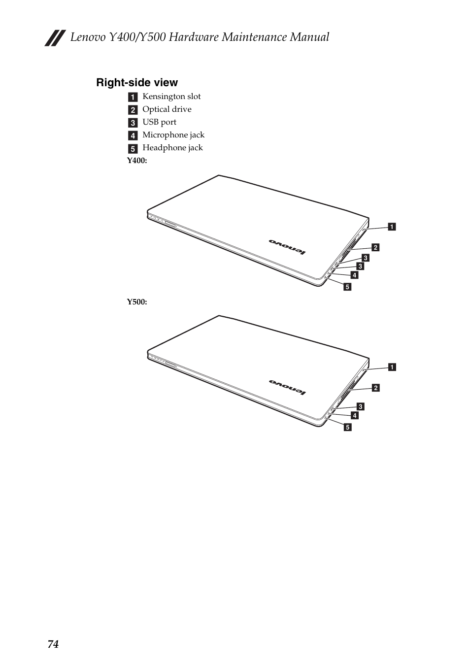 Right-side view, 74 right-side view | Lenovo IdeaPad Y400 Notebook User Manual | Page 78 / 102