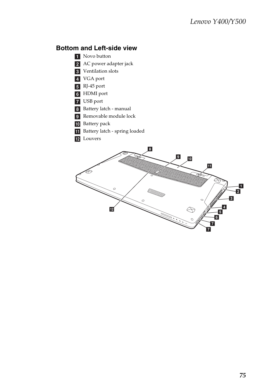 Bottom and left-side view, 75 bottom and left-side view | Lenovo IdeaPad Y400 Notebook User Manual | Page 79 / 102