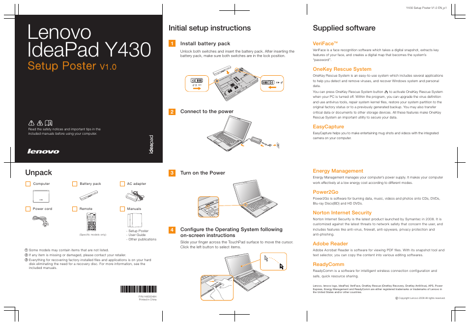 Lenovo IdeaPad Y430 User Manual | 2 pages