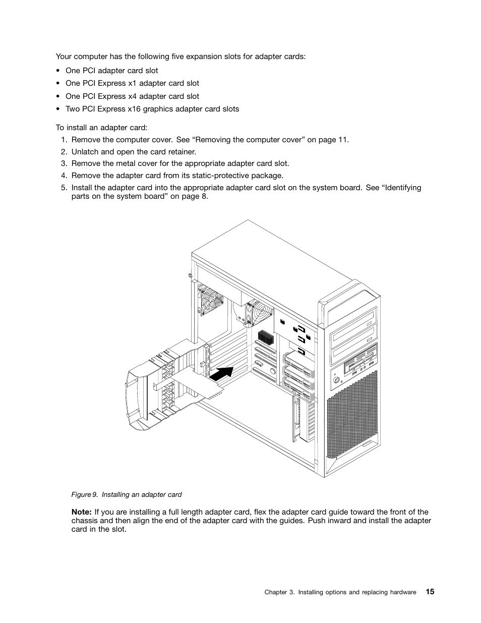 Installing an adapter card | Lenovo ThinkStation S20 User Manual | Page 21 / 64