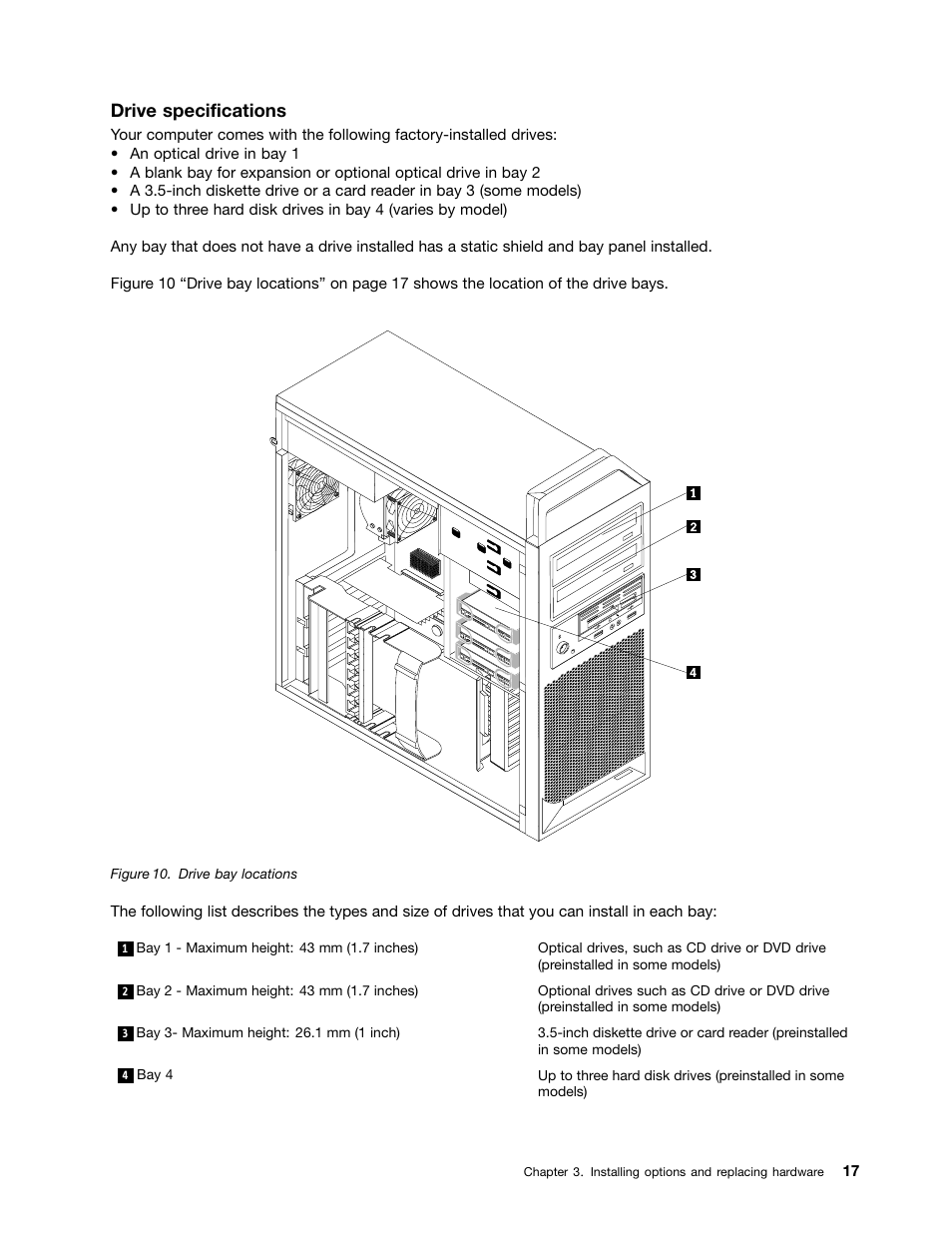 Drive bay locations, Drive specifications | Lenovo ThinkStation S20 User Manual | Page 23 / 64