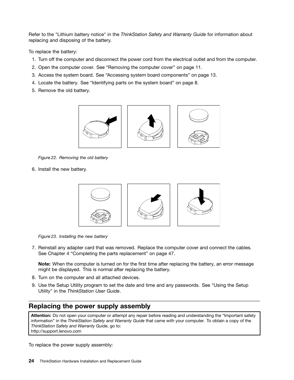 Replacing the power supply assembly, Removing the old battery, Installing the new battery | Lenovo ThinkStation S20 User Manual | Page 30 / 64