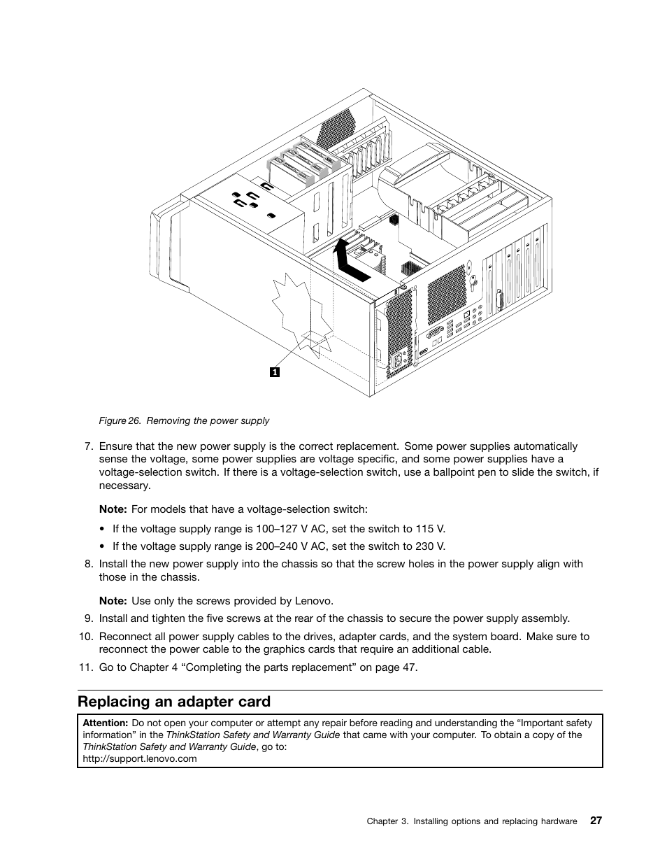 Replacing an adapter card, Removing the power supply | Lenovo ThinkStation S20 User Manual | Page 33 / 64