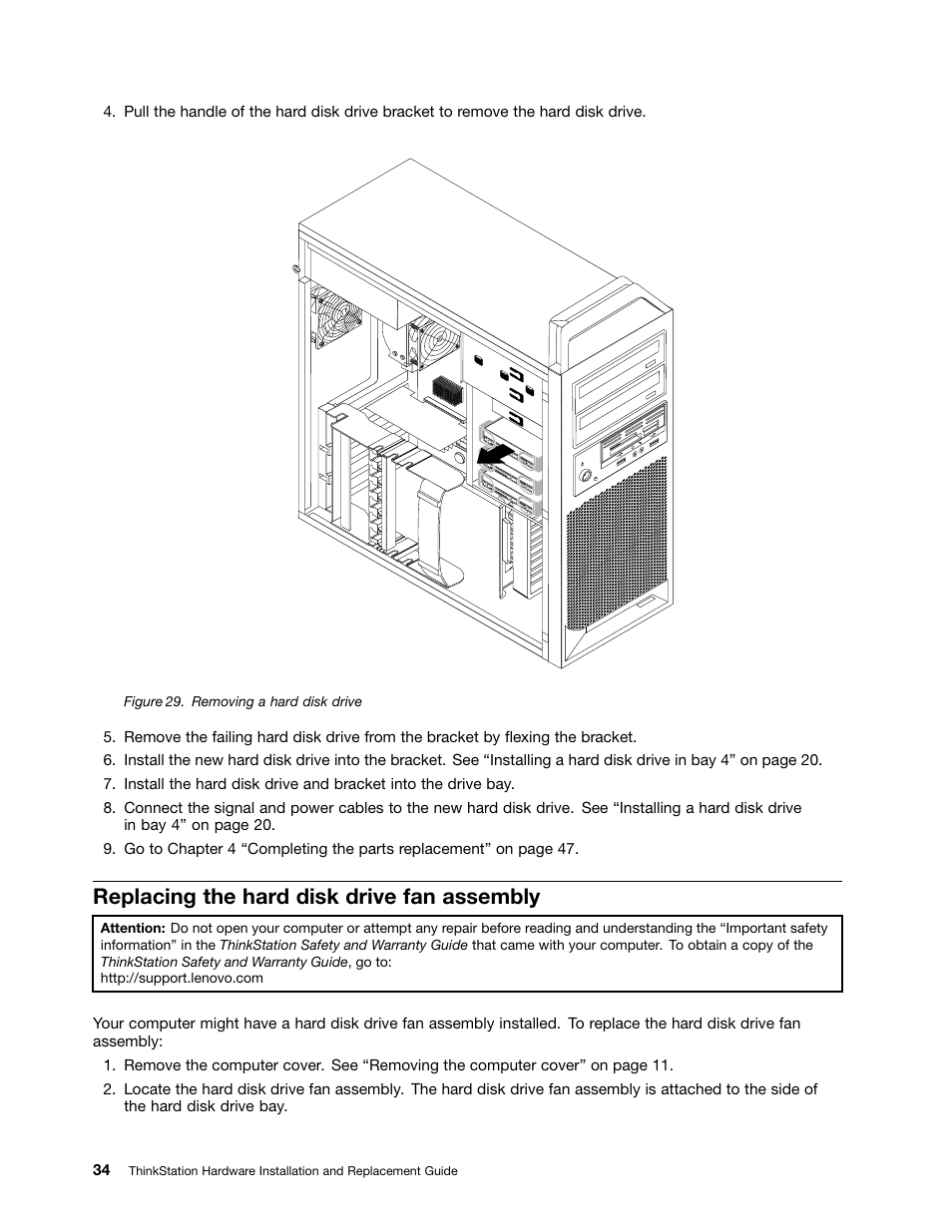 Replacing the hard disk drive fan assembly, Removing a hard disk drive | Lenovo ThinkStation S20 User Manual | Page 40 / 64