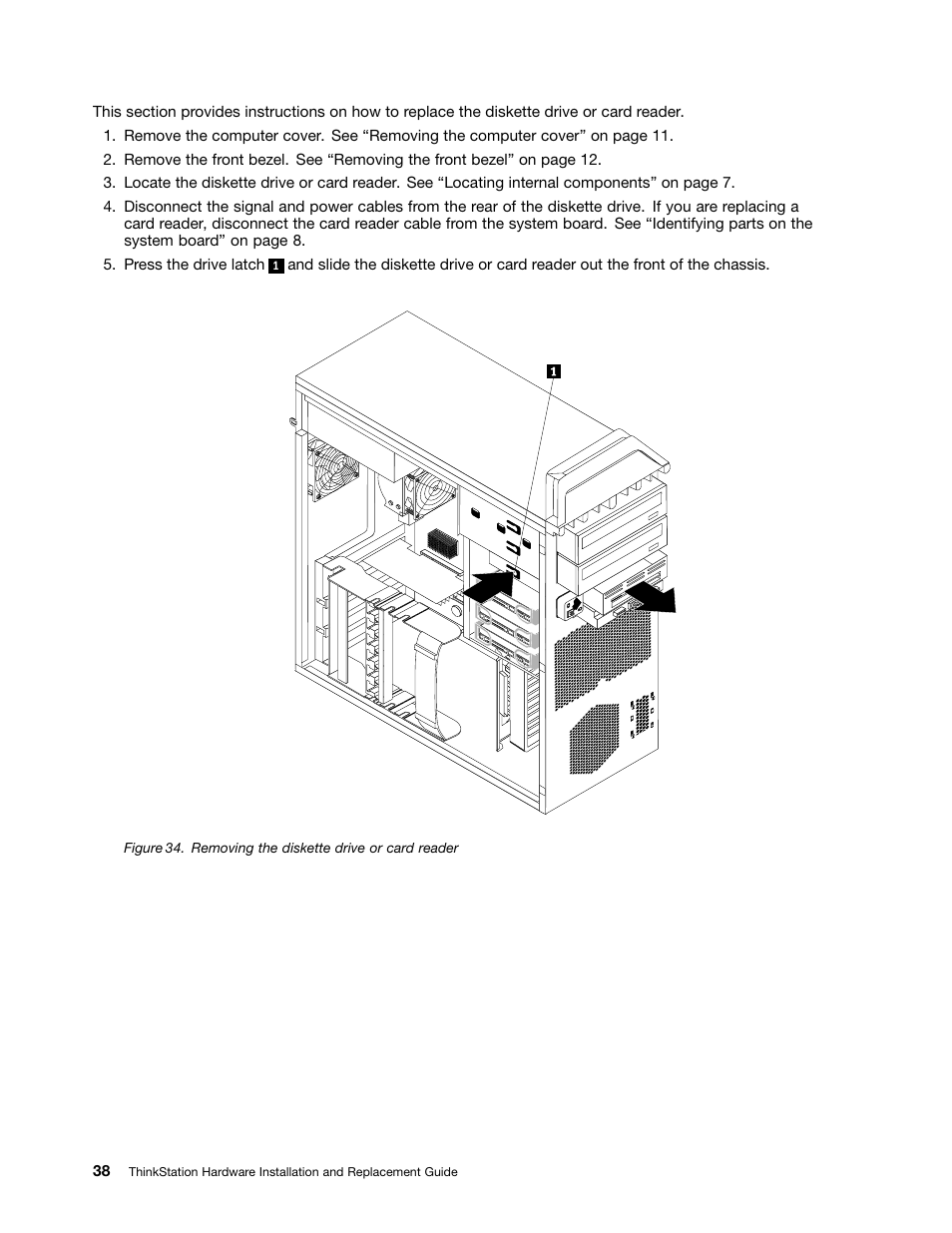 Removing the diskette drive or card reader | Lenovo ThinkStation S20 User Manual | Page 44 / 64