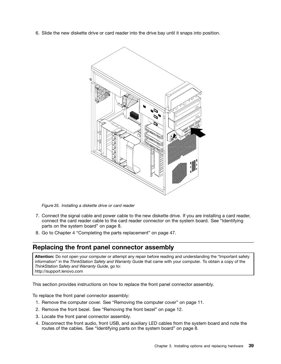 Replacing the front panel connector assembly, Installing a diskette drive or card reader | Lenovo ThinkStation S20 User Manual | Page 45 / 64