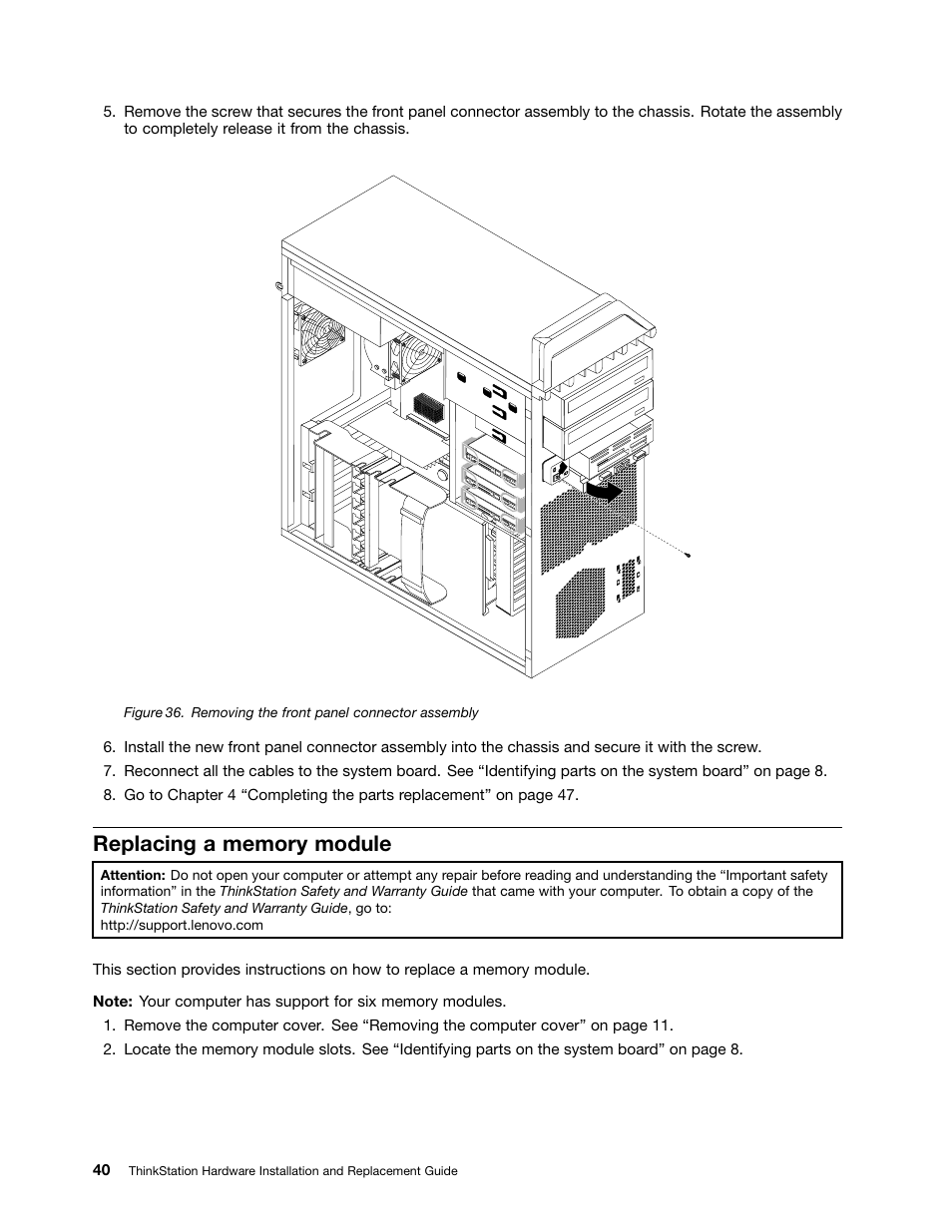 Replacing a memory module, Removing the front panel connector assembly | Lenovo ThinkStation S20 User Manual | Page 46 / 64