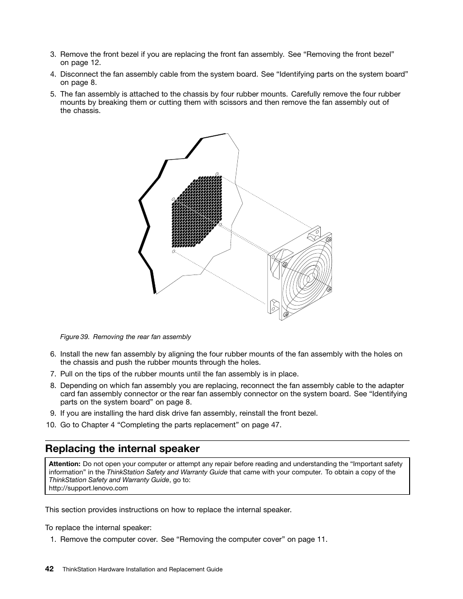 Replacing the internal speaker, Removing the rear fan assembly | Lenovo ThinkStation S20 User Manual | Page 48 / 64