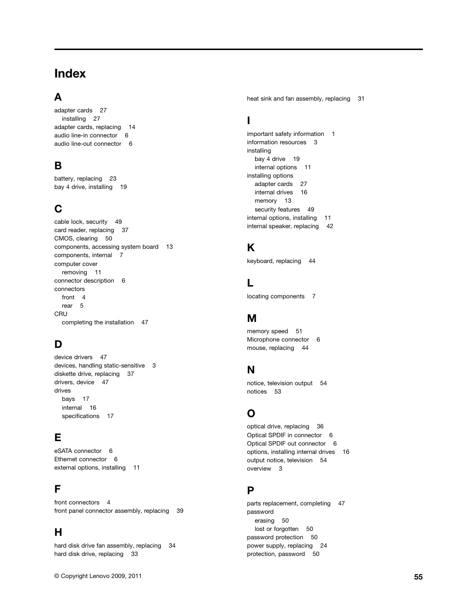 Index | Lenovo ThinkStation S20 User Manual | Page 61 / 64