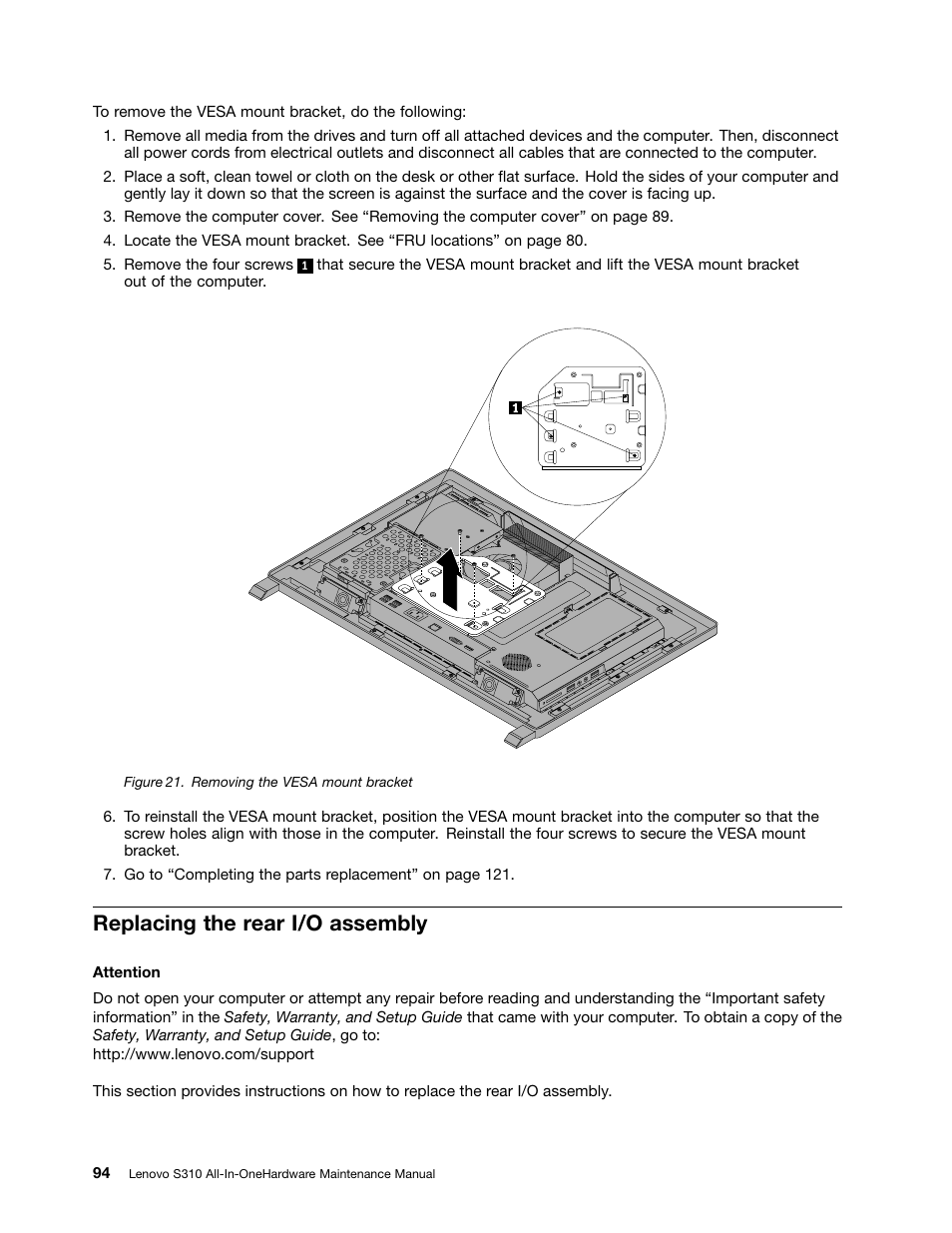Replacing the rear i/o assembly | Lenovo S310 All-in-One User Manual | Page 100 / 142