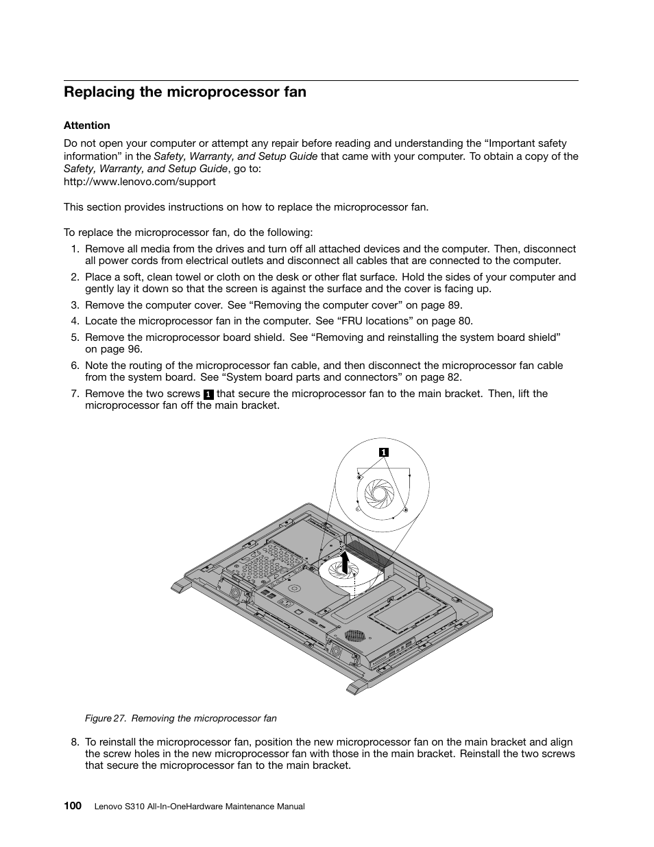Replacing the microprocessor fan | Lenovo S310 All-in-One User Manual | Page 106 / 142