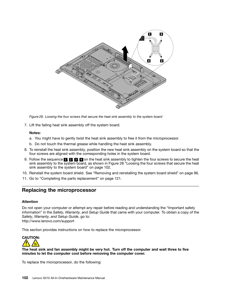 Replacing the microprocessor | Lenovo S310 All-in-One User Manual | Page 108 / 142
