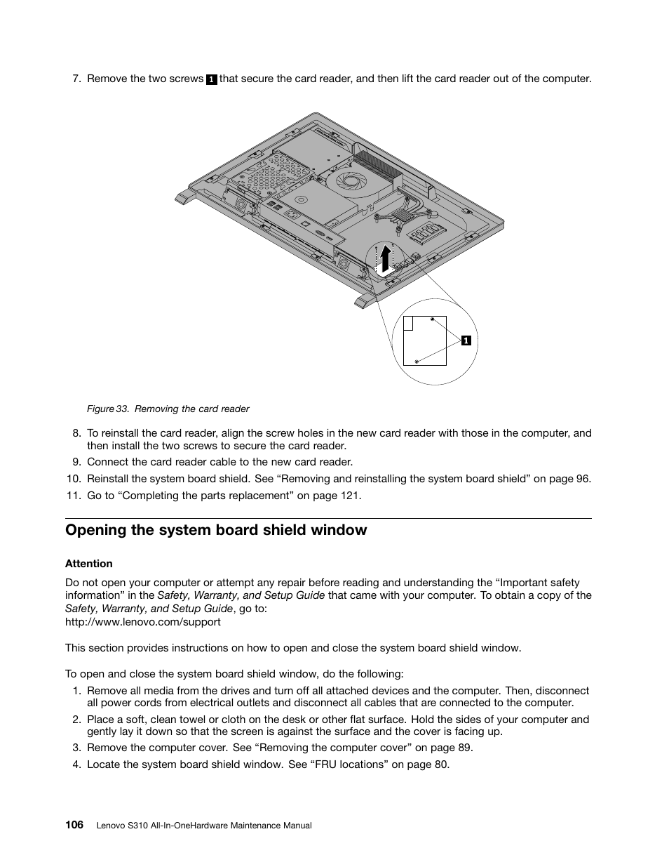 Opening the system board shield window | Lenovo S310 All-in-One User Manual | Page 112 / 142
