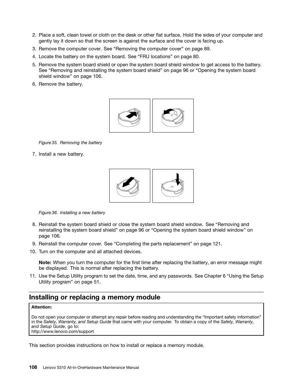 Installing or replacing a memory module | Lenovo S310 All-in-One User Manual | Page 114 / 142