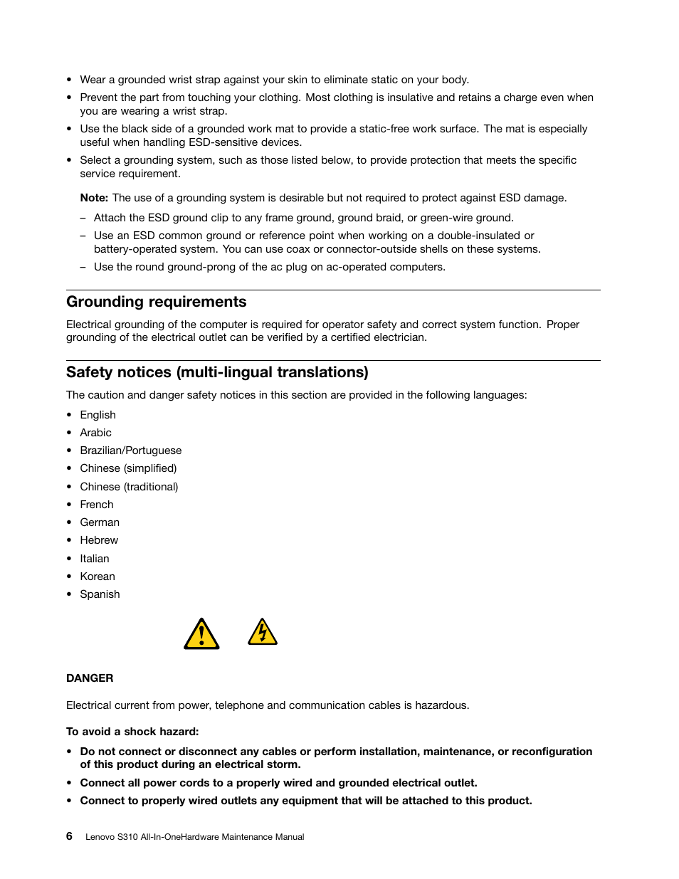 Grounding requirements, Safety notices (multi-lingual translations) | Lenovo S310 All-in-One User Manual | Page 12 / 142