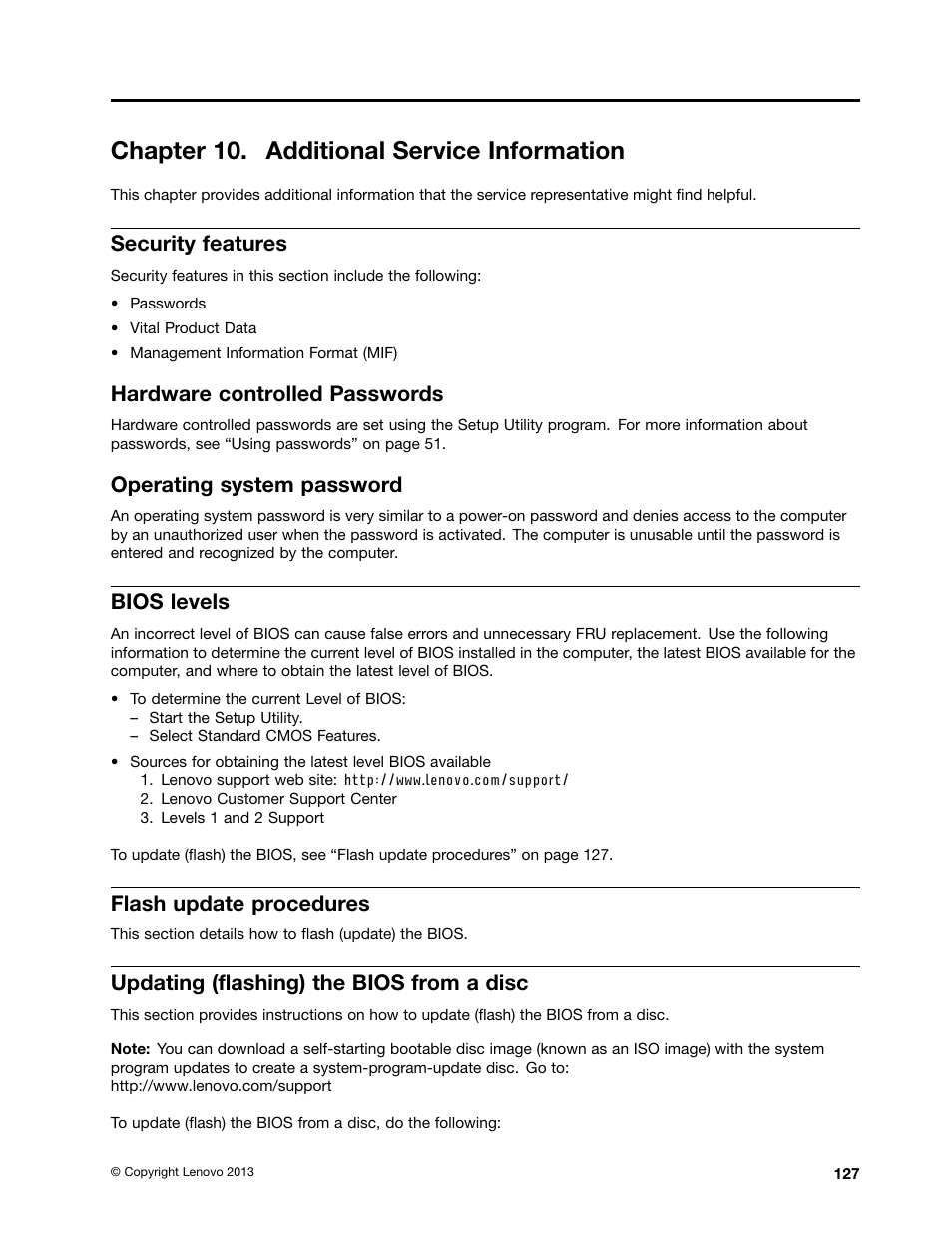 Chapter 10. additional service information, Security features, Hardware controlled passwords | Operating system password, Bios levels, Flash update procedures, Updating (flashing) the bios from a disc, Flash update | Lenovo S310 All-in-One User Manual | Page 133 / 142