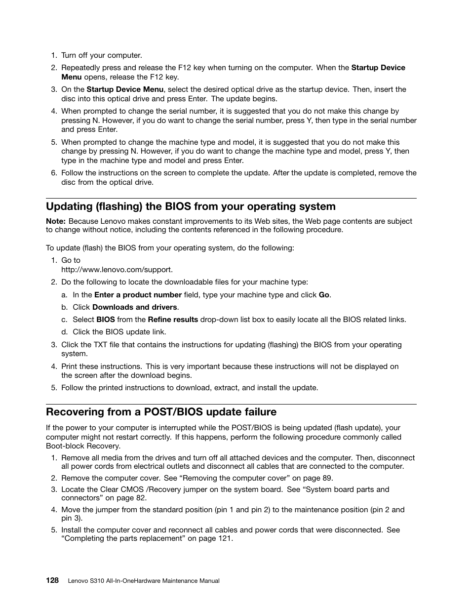 Recovering from a post/bios update failure | Lenovo S310 All-in-One User Manual | Page 134 / 142