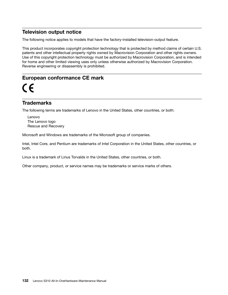 Television output notice, European conformance ce mark, Trademarks | European conformance ce mark trademarks | Lenovo S310 All-in-One User Manual | Page 138 / 142