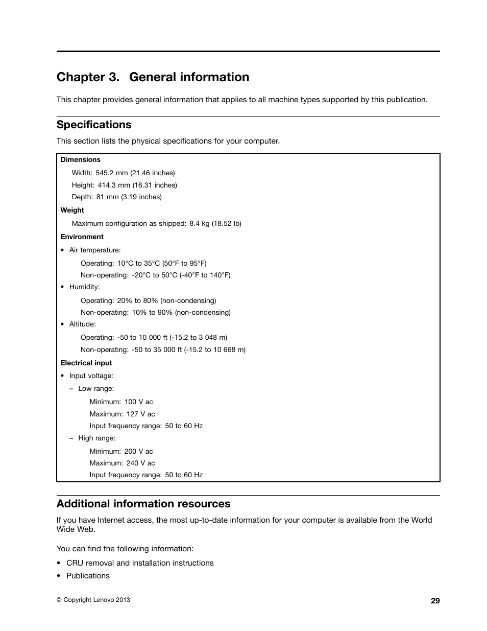 Chapter 3. general information, Specifications, Additional information resources | Lenovo S310 All-in-One User Manual | Page 35 / 142