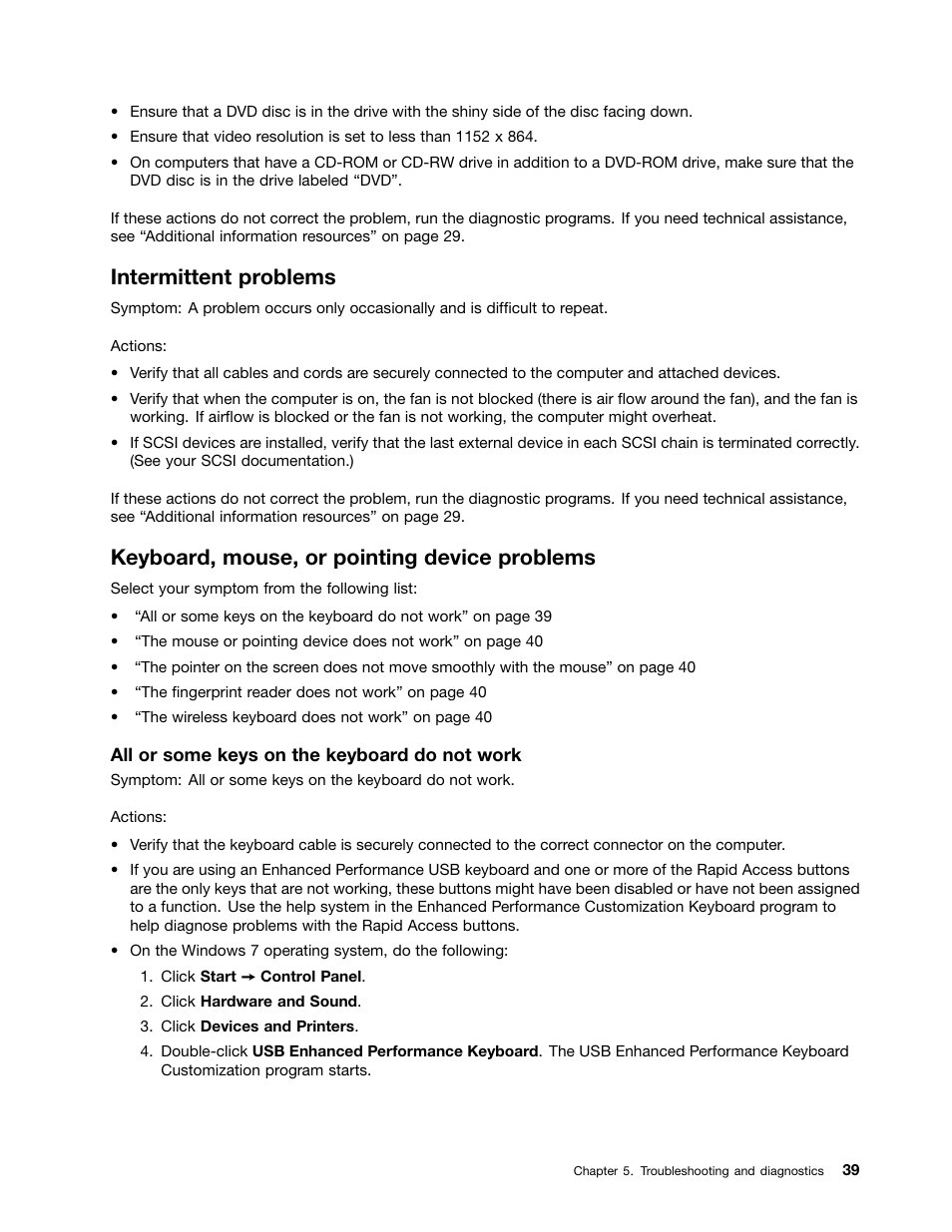 Intermittent problems, Keyboard, mouse, or pointing device problems | Lenovo S310 All-in-One User Manual | Page 45 / 142