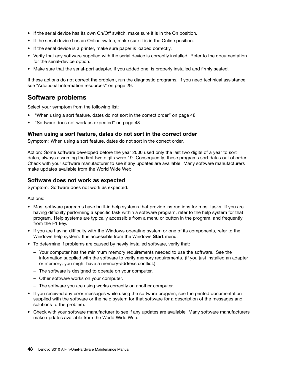 Software problems | Lenovo S310 All-in-One User Manual | Page 54 / 142