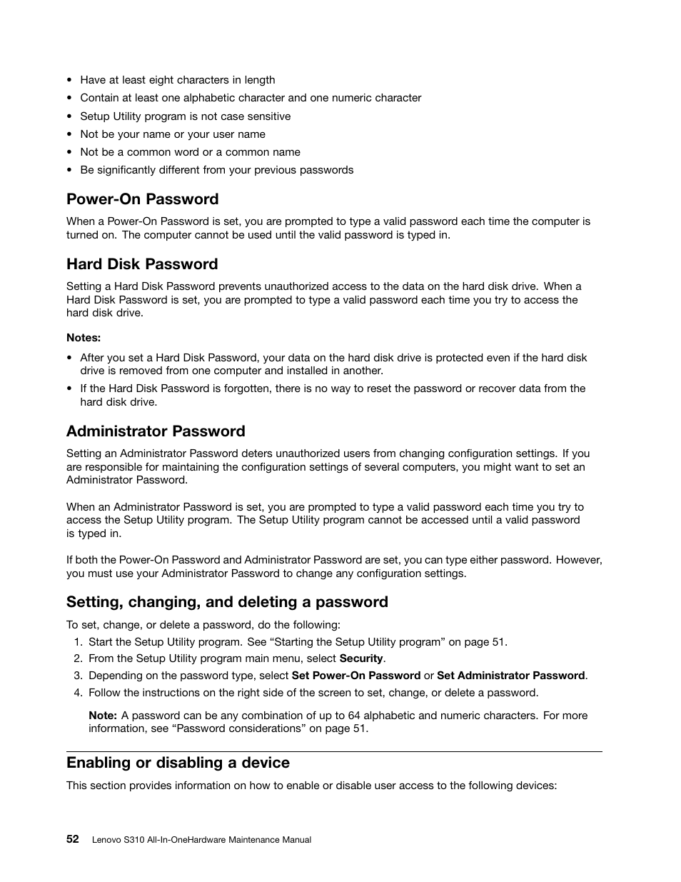 Power-on password, Hard disk password, Administrator password | Setting, changing, and deleting a password, Enabling or disabling a device | Lenovo S310 All-in-One User Manual | Page 58 / 142