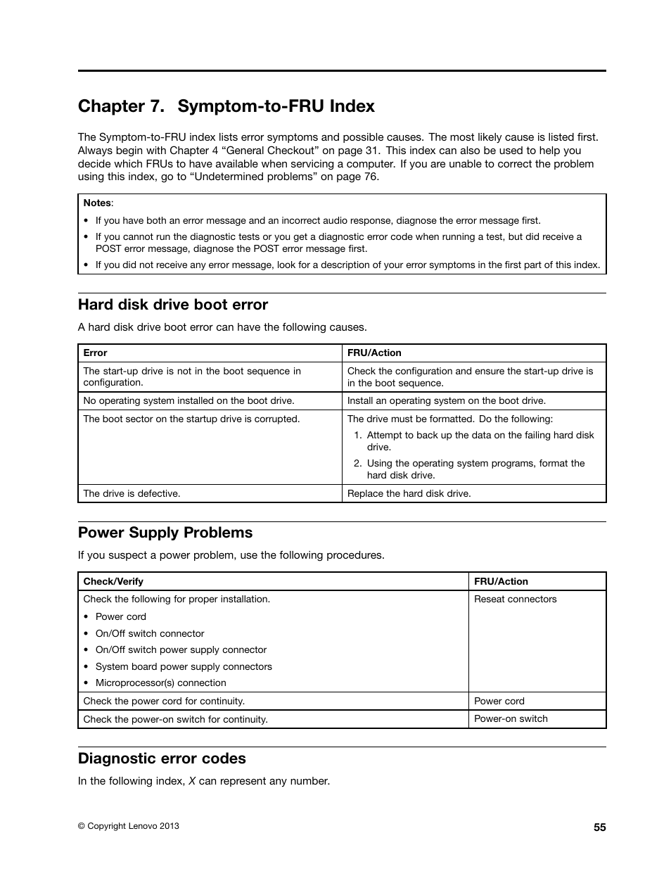 Chapter 7. symptom-to-fru index, Hard disk drive boot error, Power supply problems | Diagnostic error codes, Diagnostic | Lenovo S310 All-in-One User Manual | Page 61 / 142