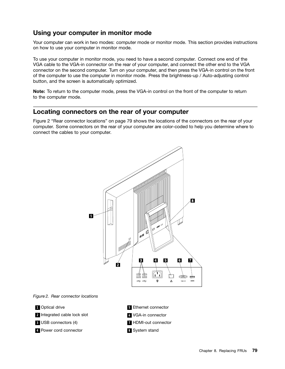 Using your computer in monitor mode, Locating connectors on the rear of your computer | Lenovo S310 All-in-One User Manual | Page 85 / 142