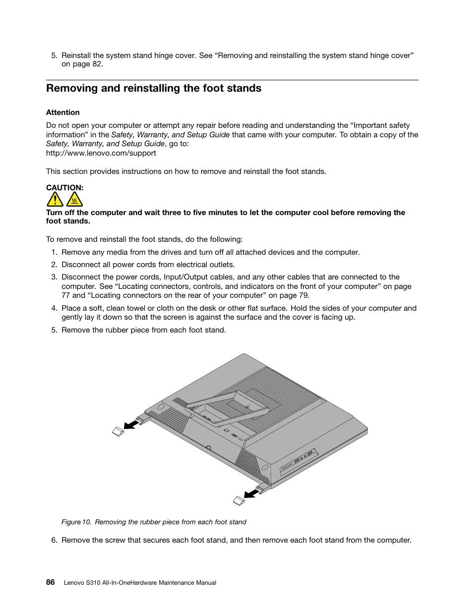 Removing and reinstalling the foot stands | Lenovo S310 All-in-One User Manual | Page 92 / 142