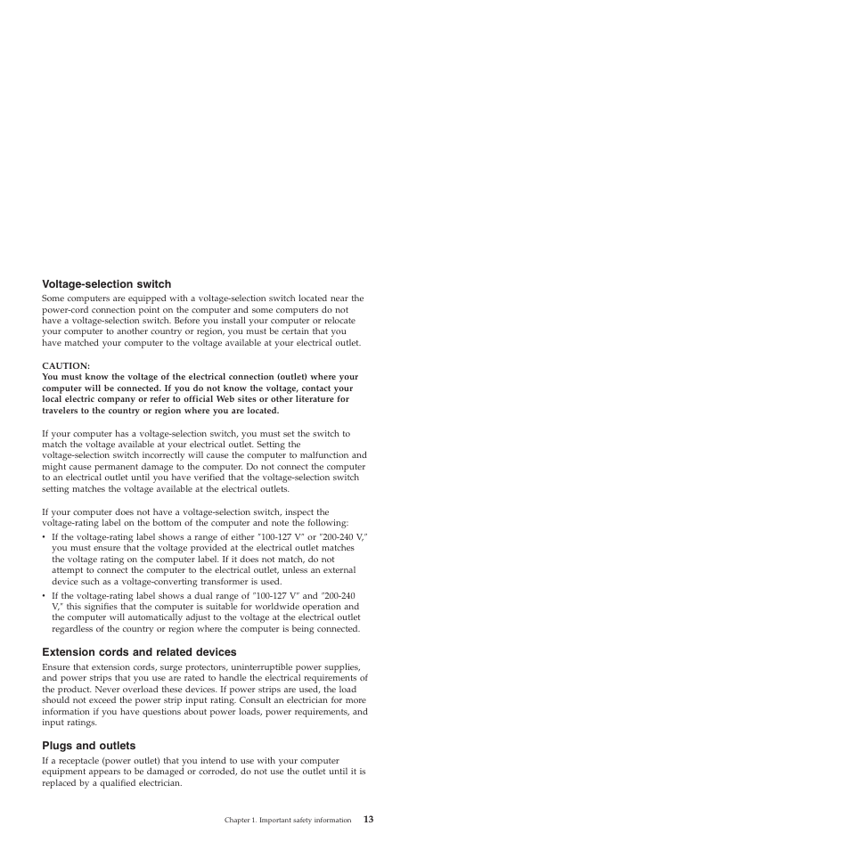 Voltage-selection switch, Extension cords and related devices, Plugs and outlets | Voltage-selection, Switch, Extension, Cords, Related, Devices, Plugs | Lenovo ThinkCentre M57e User Manual | Page 17 / 325