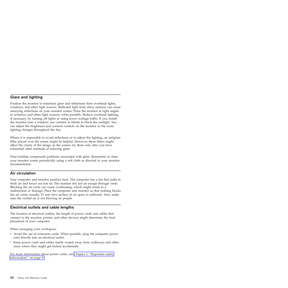 Glare and lighting, Air circulation, Electrical outlets and cable lengths | Glare, Lighting, Circulation, Electrical, Outlets, Cable, Lengths | Lenovo ThinkCentre M57e User Manual | Page 28 / 325