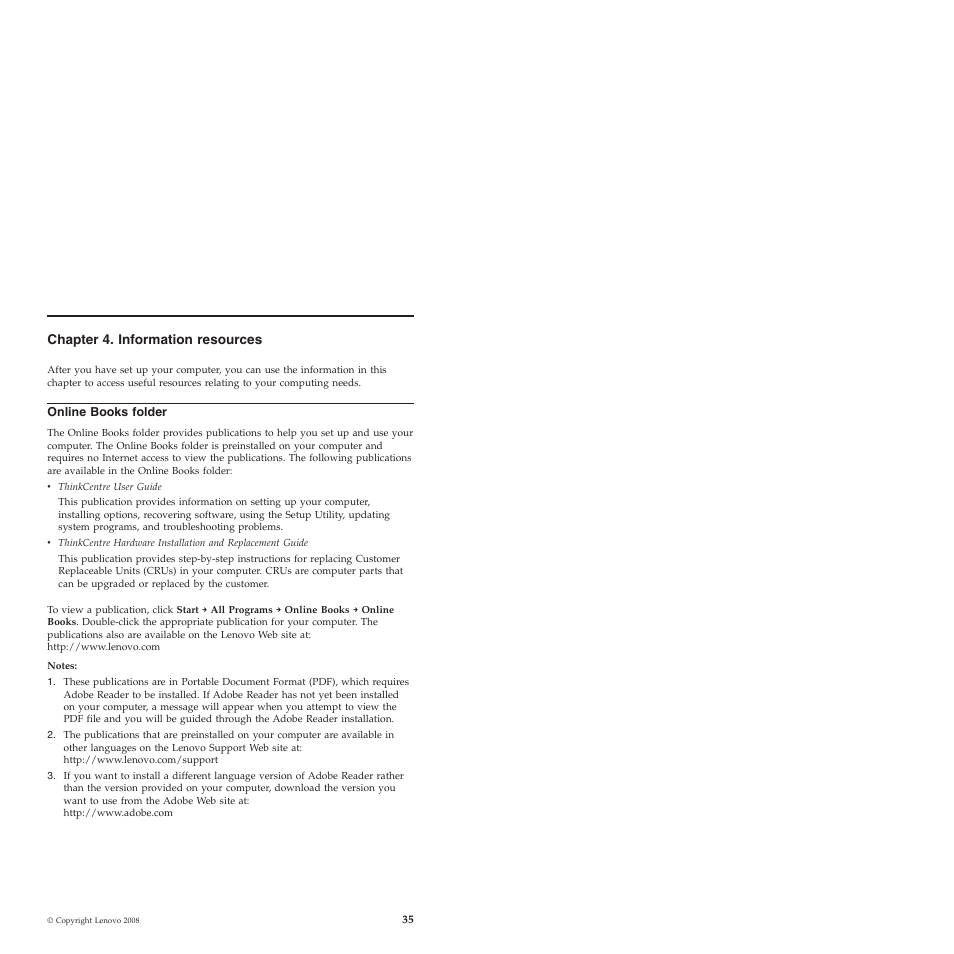 Chapter 4. information resources, Online books folder, Chapter | Information, Resources, Online, Books, Folder | Lenovo ThinkCentre M57e User Manual | Page 39 / 325