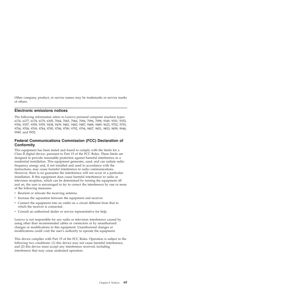 Electronic emissions notices, Electronic, Emissions | Notices, Federal, Communications, Commission, Fcc), Declaration, Conformity | Lenovo ThinkCentre M57e User Manual | Page 73 / 325