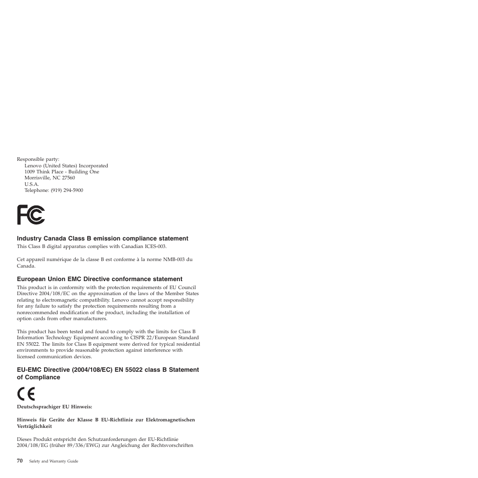European union emc directive conformance statement, Industry, Canada | Class, Emission, Compliance, Statement, European, Union, Directive | Lenovo ThinkCentre M57e User Manual | Page 74 / 325