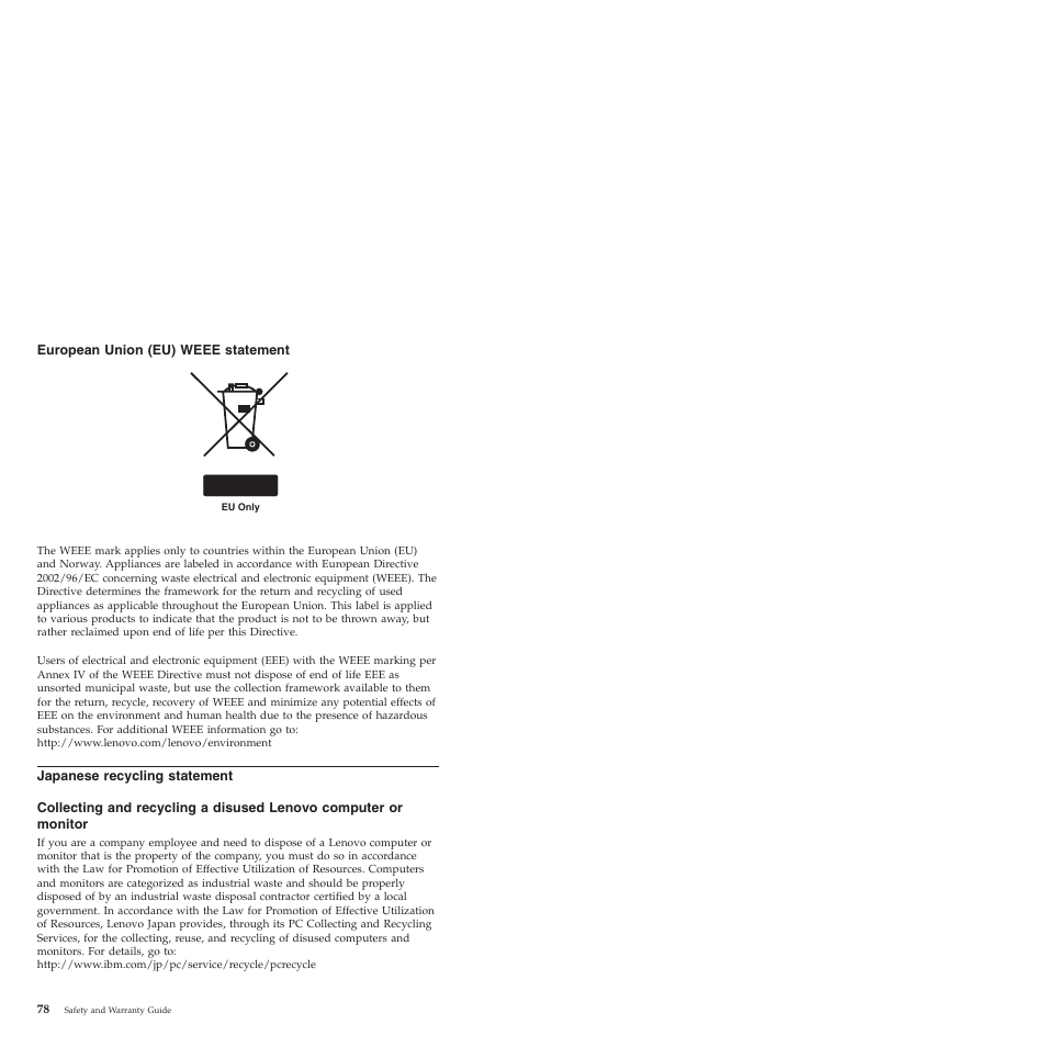 European union (eu) weee statement, Japanese recycling statement, European | Union, Weee, Statement, Japanese, Recycling, Collecting, Disused | Lenovo ThinkCentre M57e User Manual | Page 82 / 325